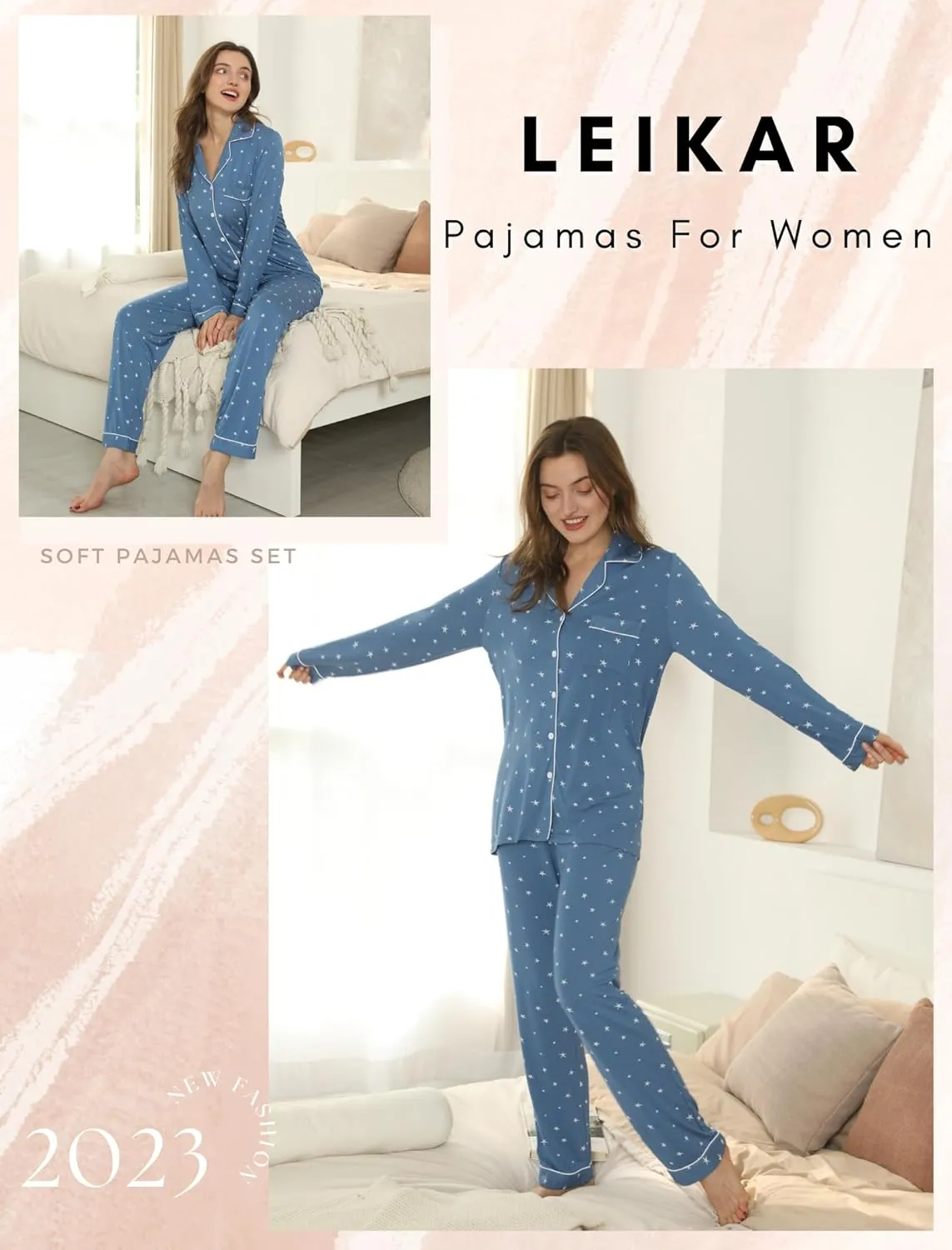 Leikar Button Up Pajama Set For Women Long Sleeve Shirt And Pajama Pants Soft Pjs Lounge Sets