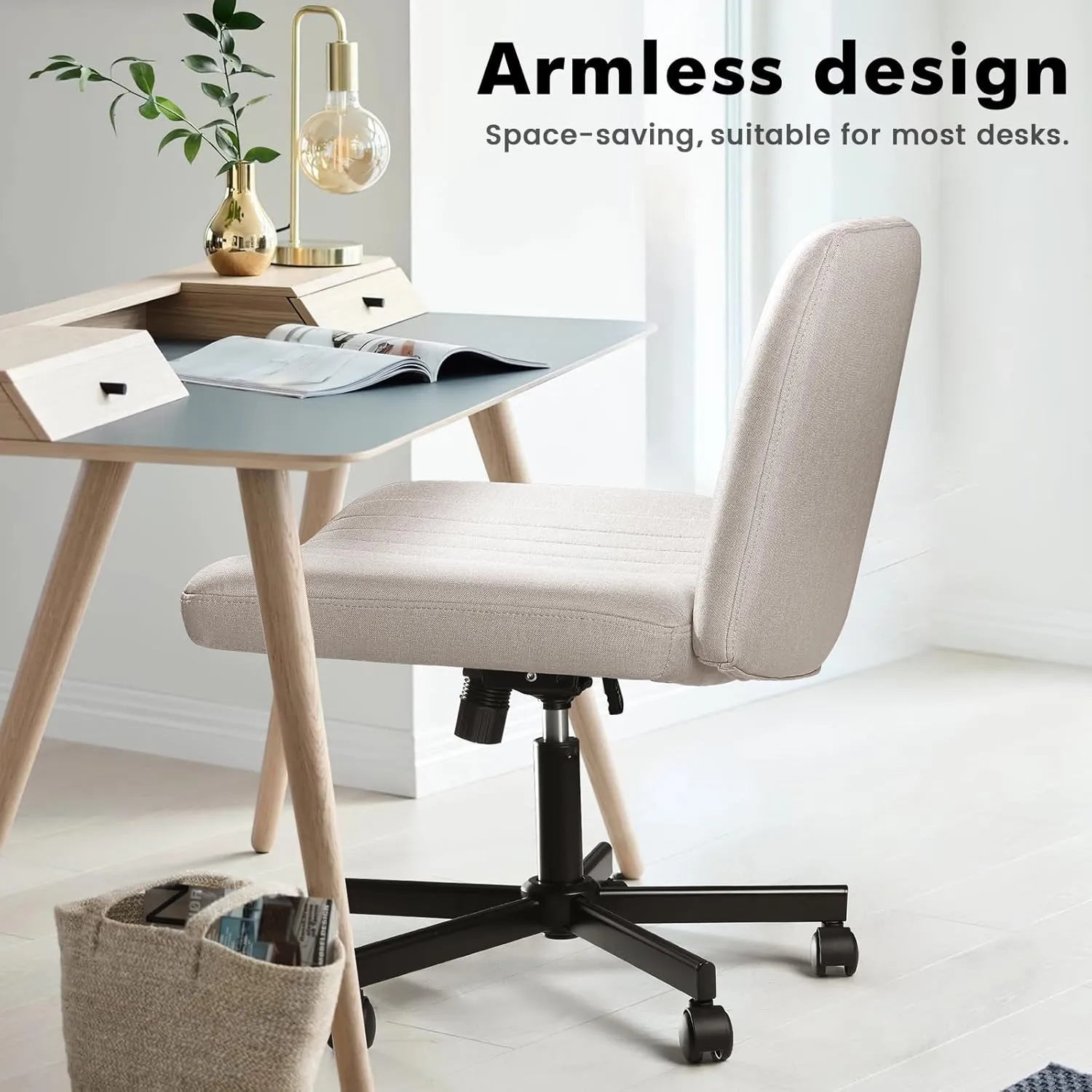 LEMBERI Criss Corss Chair with Wheels, Armless Wide Cross Legged Office Desk Chairs, Fabric Rocking Swivel Computer Task Vanity Makeup Chair for Home Office
