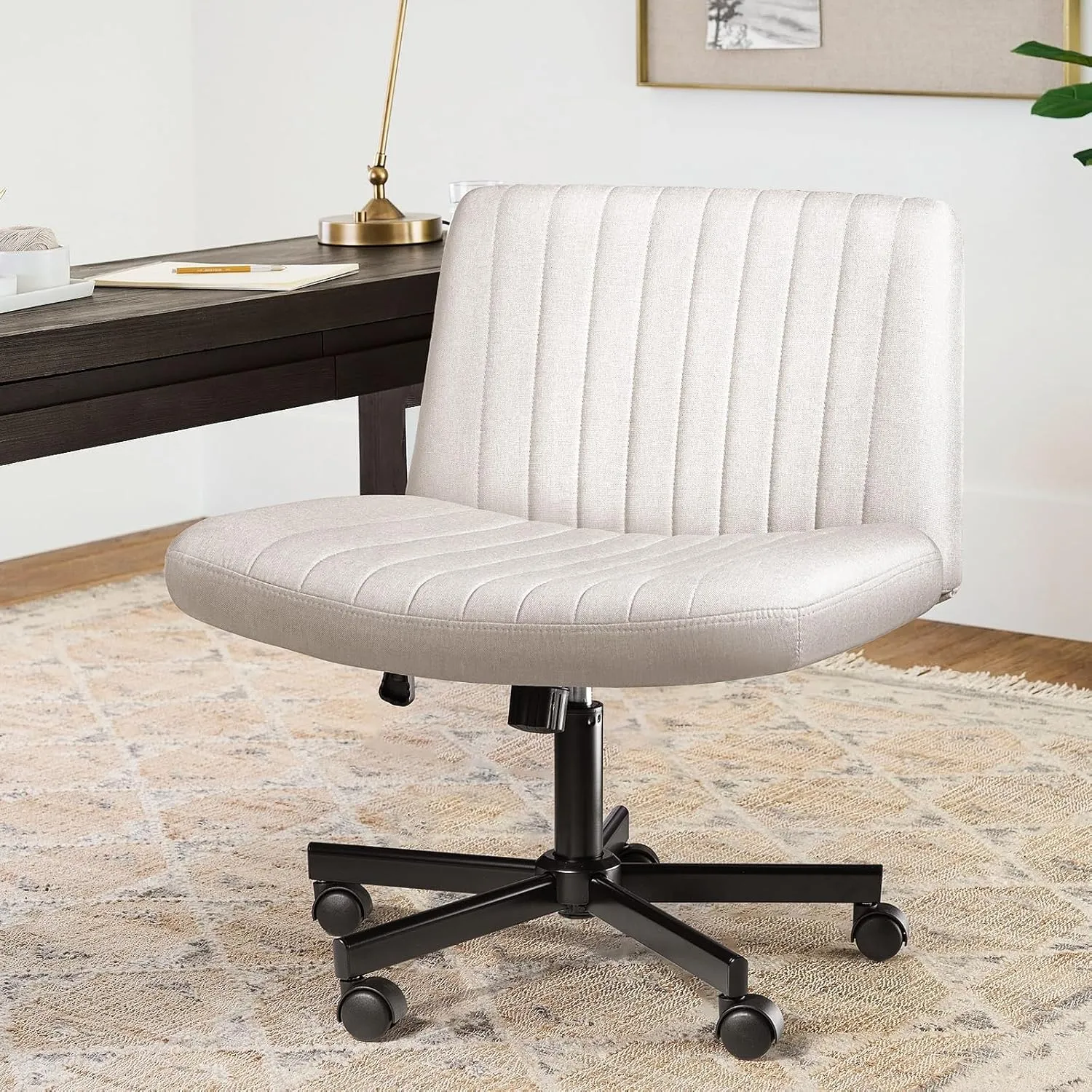 LEMBERI Criss Corss Chair with Wheels, Armless Wide Cross Legged Office Desk Chairs, Fabric Rocking Swivel Computer Task Vanity Makeup Chair for Home Office