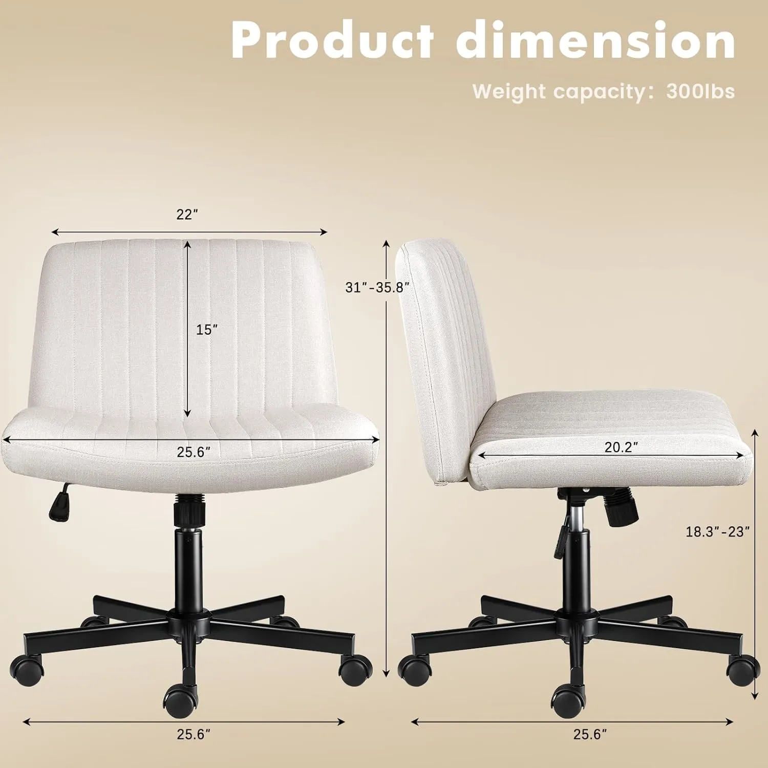 LEMBERI Criss Corss Chair with Wheels, Armless Wide Cross Legged Office Desk Chairs, Fabric Rocking Swivel Computer Task Vanity Makeup Chair for Home Office