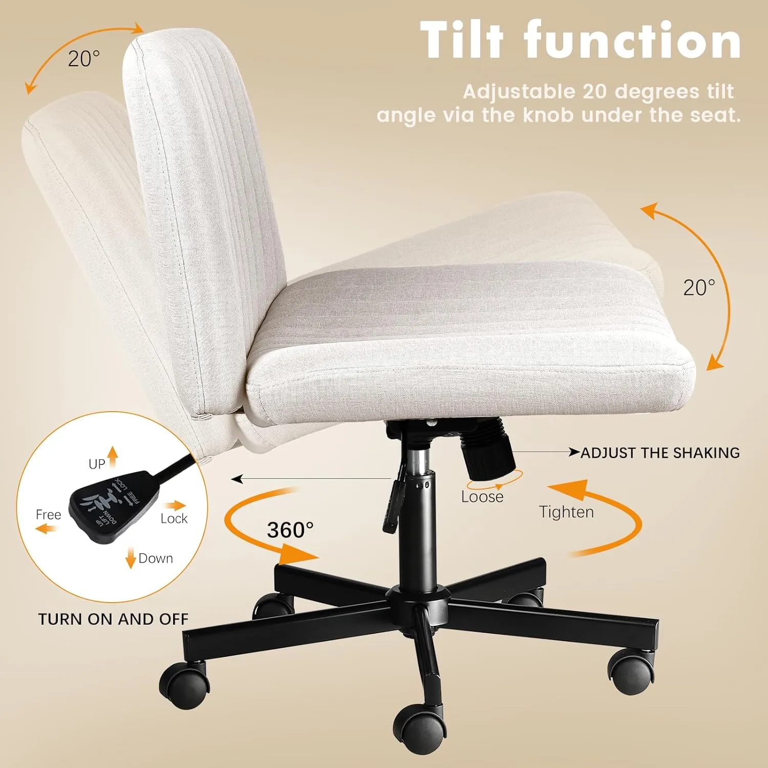 LEMBERI Criss Corss Chair with Wheels, Armless Wide Cross Legged Office Desk Chairs, Fabric Rocking Swivel Computer Task Vanity Makeup Chair for Home Office