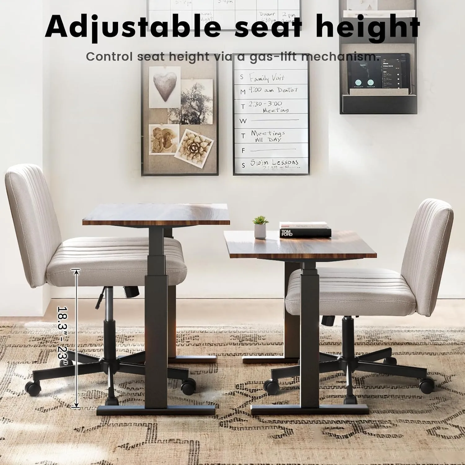 LEMBERI Criss Corss Chair with Wheels, Armless Wide Cross Legged Office Desk Chairs, Fabric Rocking Swivel Computer Task Vanity Makeup Chair for Home Office