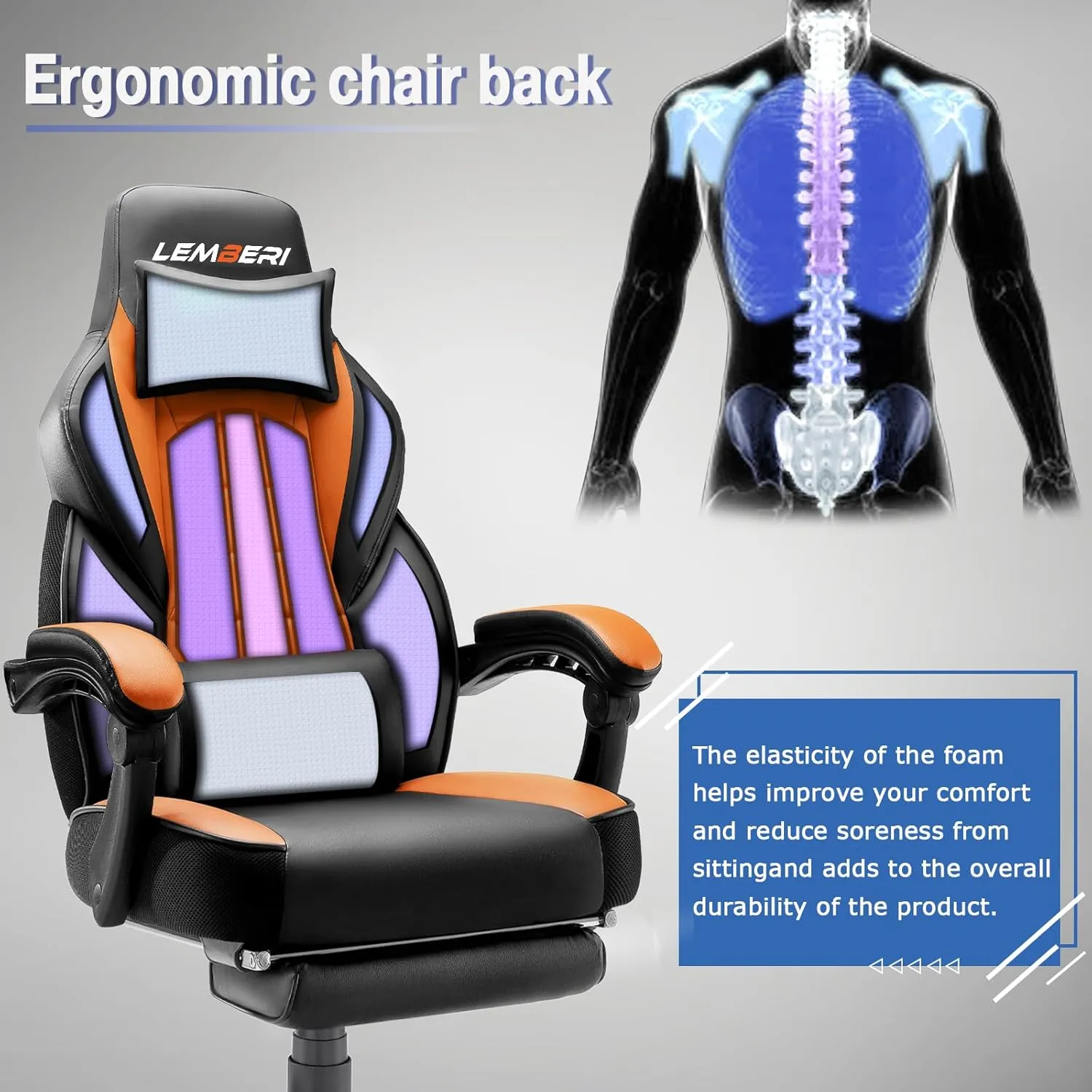 LEMBERI Gaming Chairs with Footrest,Ergonomic Video Game Chairs for Adults,Big and Tall Gaming Chair 400lb Weight Capacity, Racing Style Gaming Computer Gamer Chair with Headrest and Lumbar Support