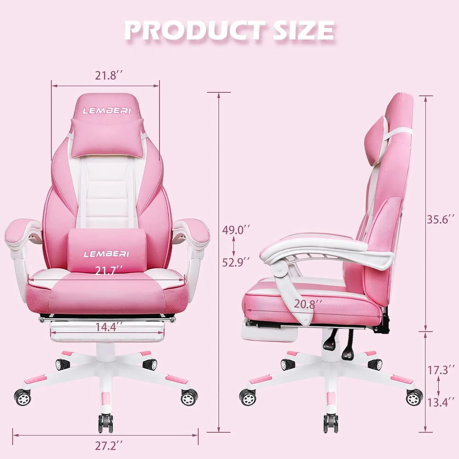 LEMBERI Pink Gaming Chair with footrest, Kawaii Cute Pink Gamer Chair for Girl,Girls Video Game Chairs,Computer Gaming Chair with Headrest and Lumbar Support