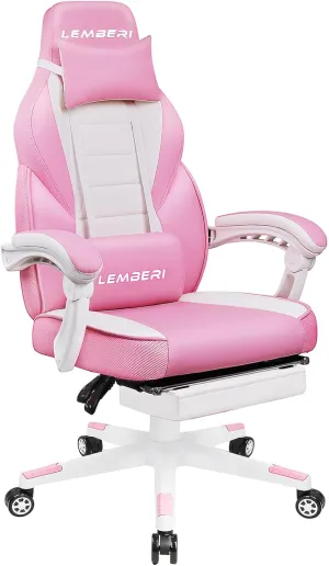 LEMBERI Pink Gaming Chair with footrest, Kawaii Cute Pink Gamer Chair for Girl,Girls Video Game Chairs,Computer Gaming Chair with Headrest and Lumbar Support