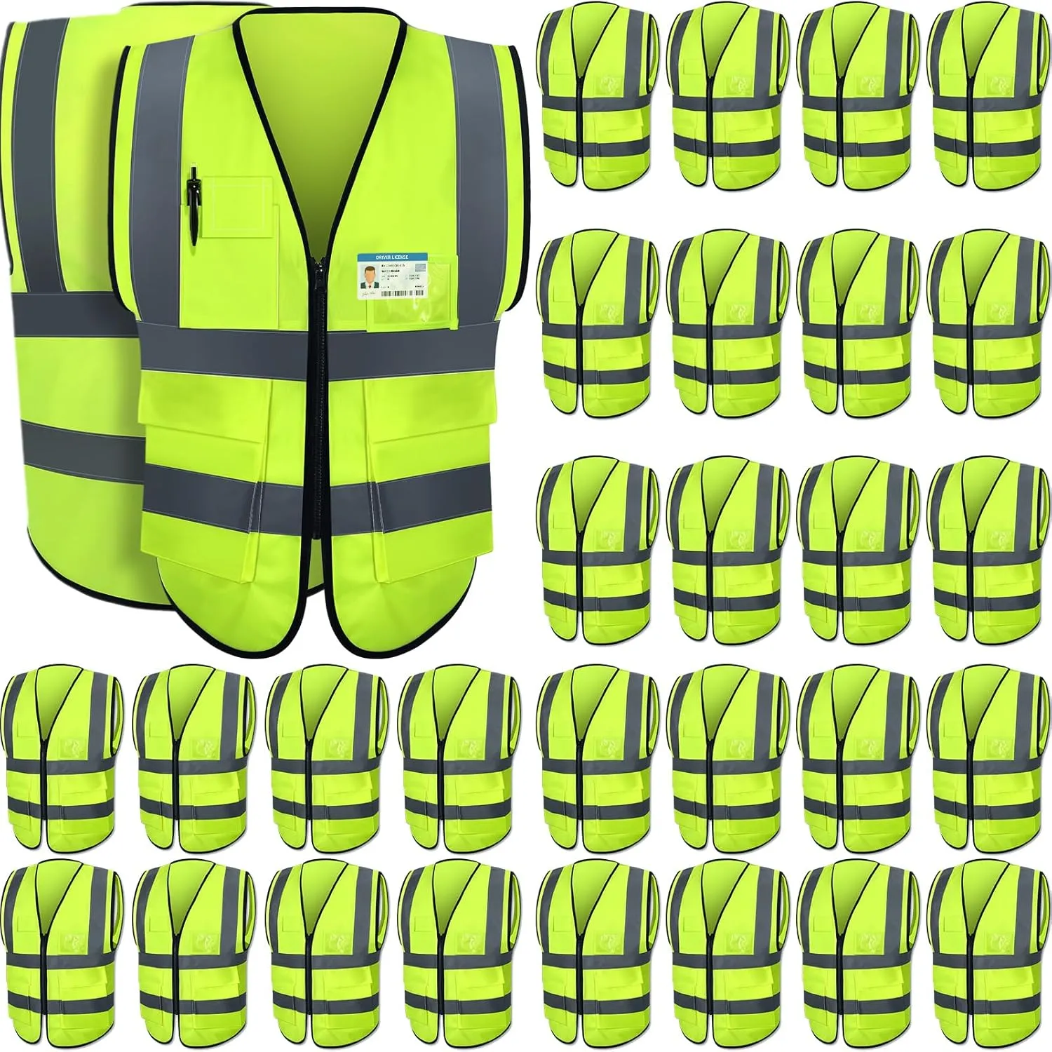Leumoi 30 Pack Reflective Safety Vest with Pockets and Zipper High Visibility Vest for Women Men Work