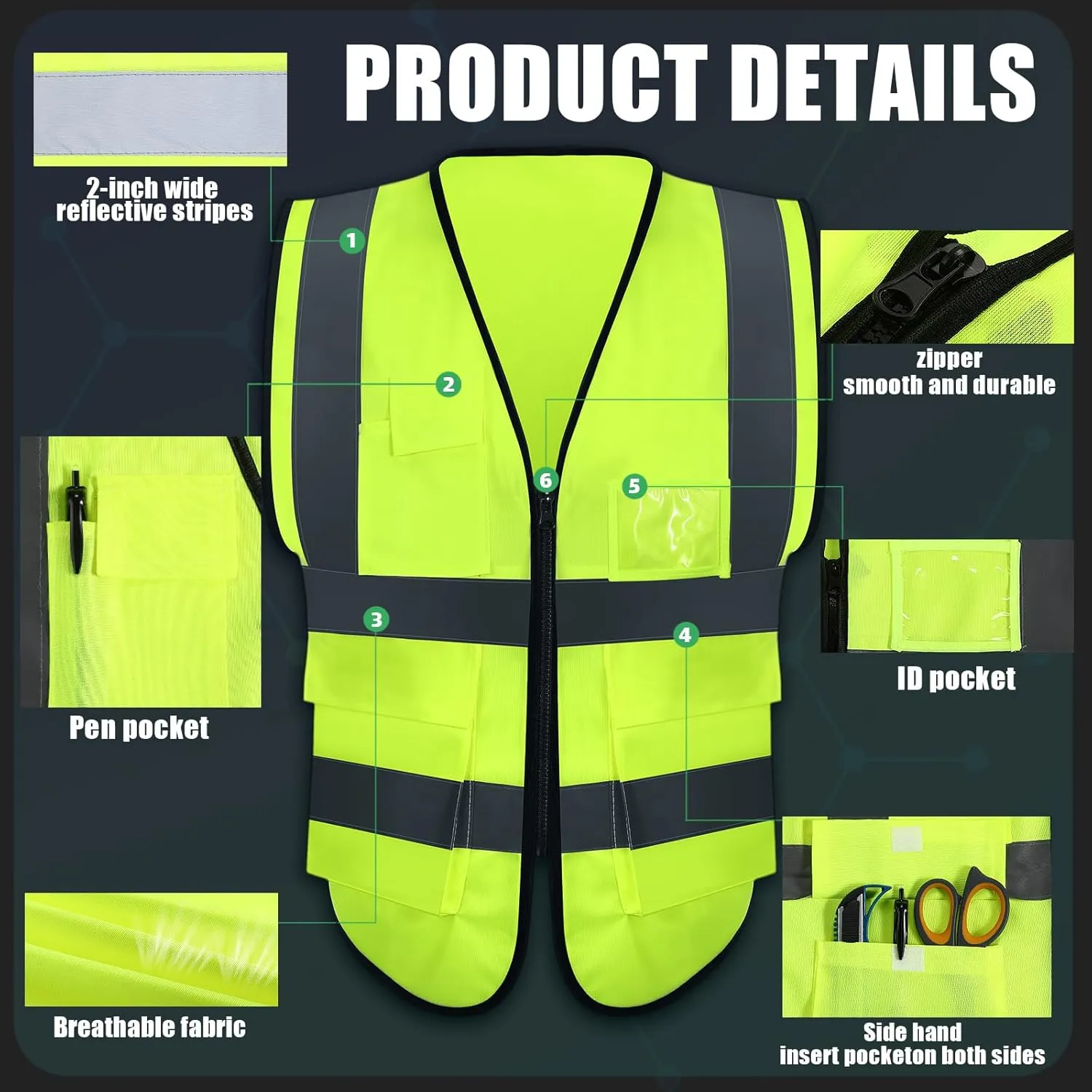 Leumoi 30 Pack Reflective Safety Vest with Pockets and Zipper High Visibility Vest for Women Men Work