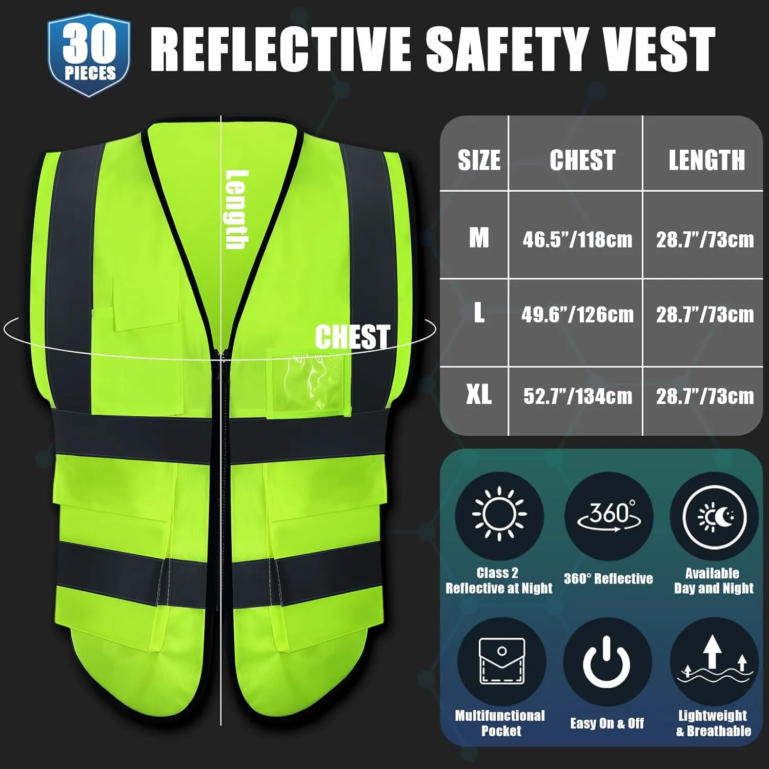 Leumoi 30 Pack Reflective Safety Vest with Pockets and Zipper High Visibility Vest for Women Men Work