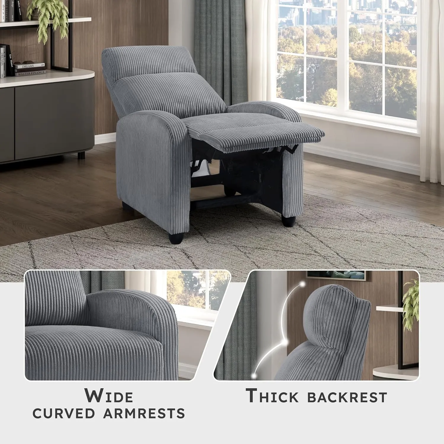 Lexicon Corduroy Pushback Recliner Chair Armchair Push Back Recliner, Solid Wood Frame and Metal Base, Easy Assembly Small Soft Single Sofa Accent Chair for Living Room/Office/Apartment, Dark Grey