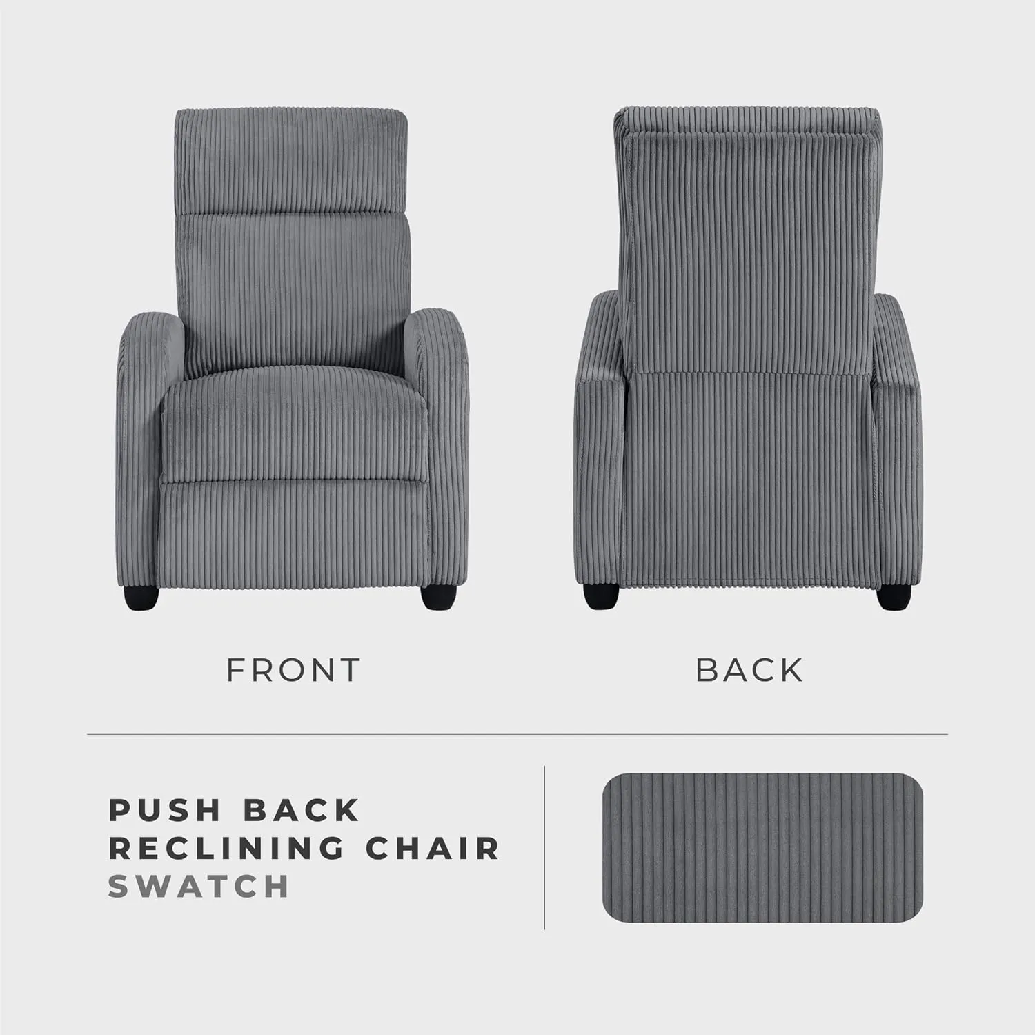 Lexicon Corduroy Pushback Recliner Chair Armchair Push Back Recliner, Solid Wood Frame and Metal Base, Easy Assembly Small Soft Single Sofa Accent Chair for Living Room/Office/Apartment, Dark Grey