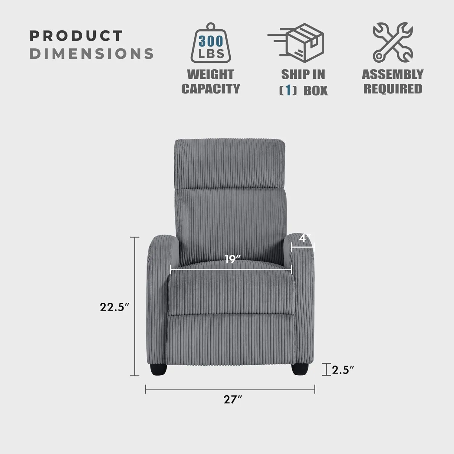 Lexicon Corduroy Pushback Recliner Chair Armchair Push Back Recliner, Solid Wood Frame and Metal Base, Easy Assembly Small Soft Single Sofa Accent Chair for Living Room/Office/Apartment, Dark Grey