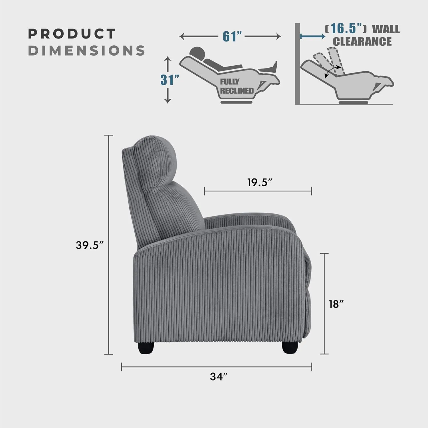 Lexicon Corduroy Pushback Recliner Chair Armchair Push Back Recliner, Solid Wood Frame and Metal Base, Easy Assembly Small Soft Single Sofa Accent Chair for Living Room/Office/Apartment, Dark Grey