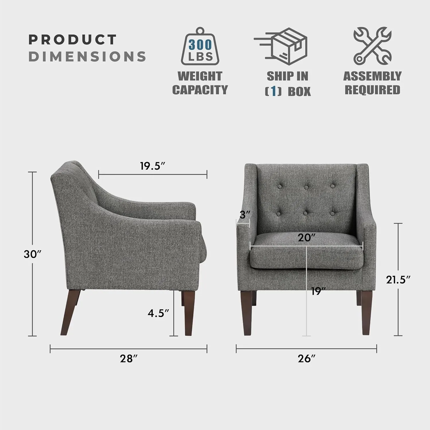 Lexicon Living Room Accent Chair, Textured Fabric Upholstered Arm Chair with Button Tufted Back, Sloped Arms and Wooden Legs, Dark Gray