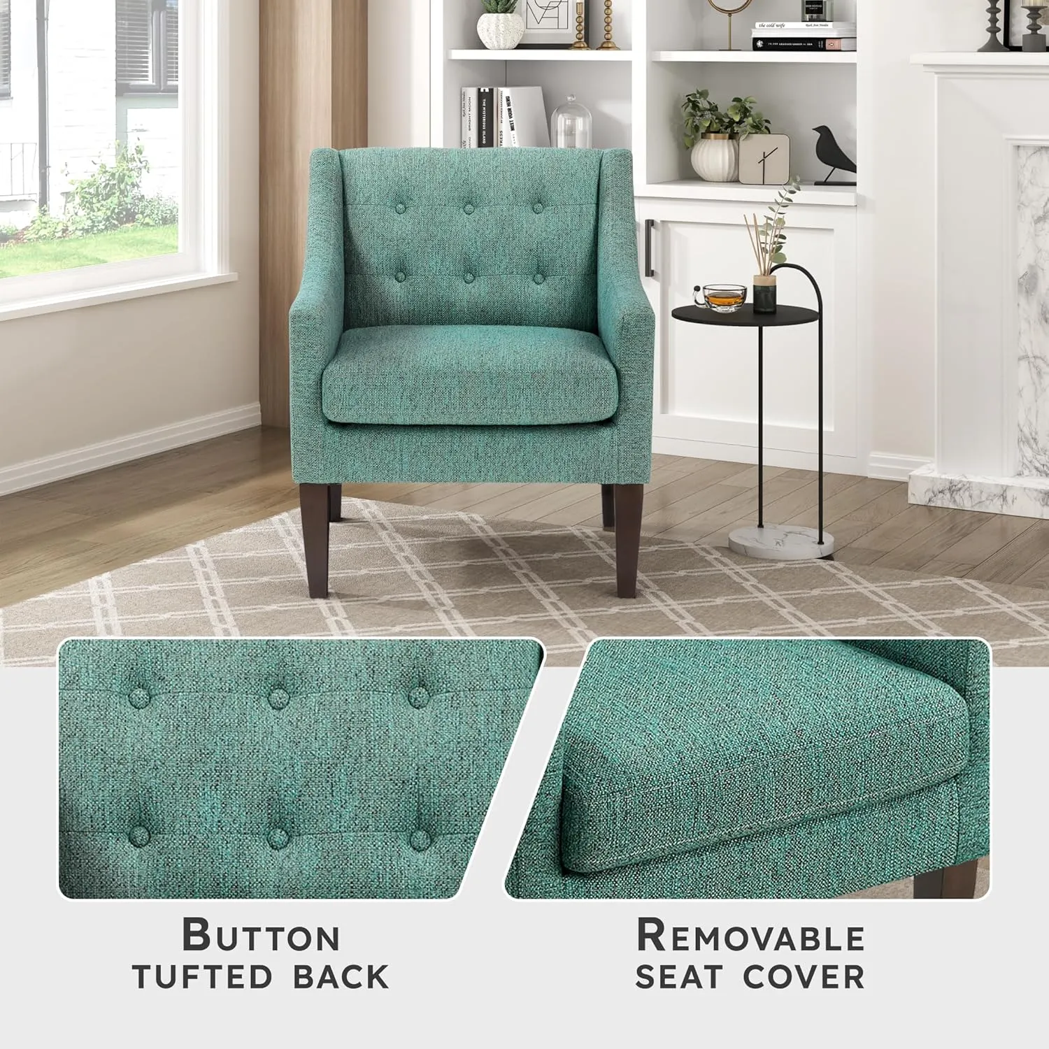 Lexicon Living Room Accent Chair, Textured Fabric Upholstered Arm Chair with Button Tufted Back, Sloped Arms and Wooden Legs, Green