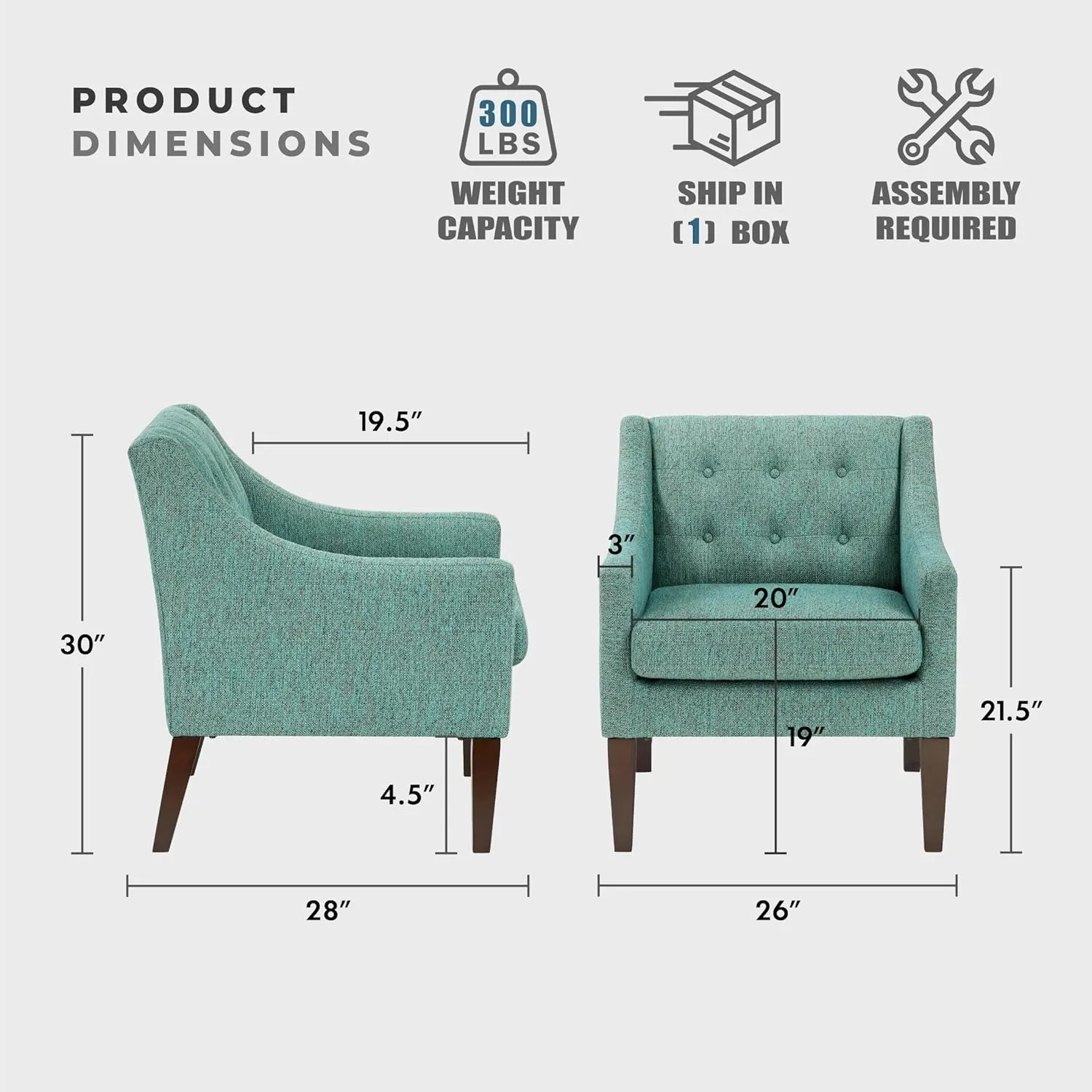Lexicon Living Room Accent Chair, Textured Fabric Upholstered Arm Chair with Button Tufted Back, Sloped Arms and Wooden Legs, Green