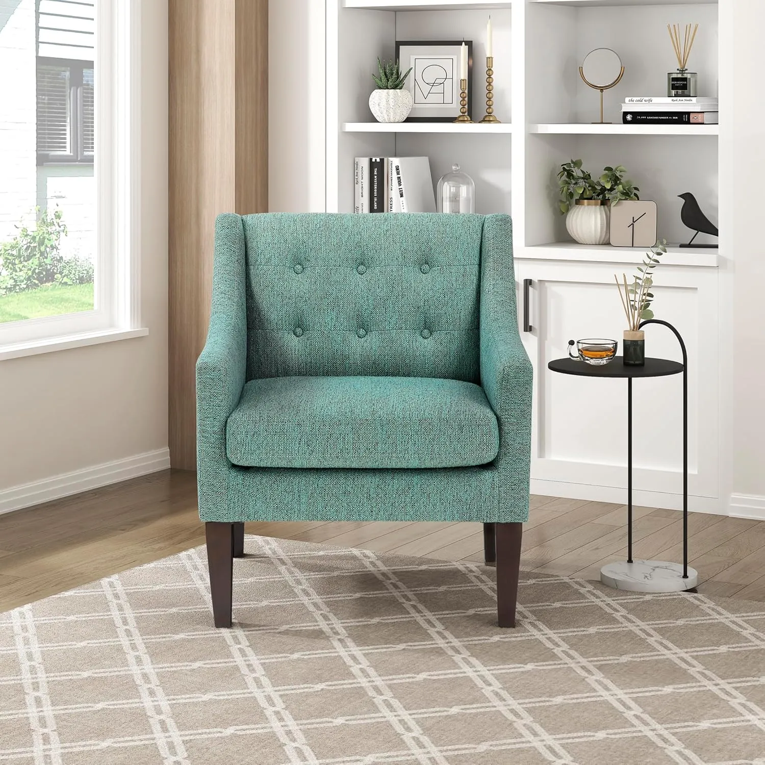 Lexicon Living Room Accent Chair, Textured Fabric Upholstered Arm Chair with Button Tufted Back, Sloped Arms and Wooden Legs, Green