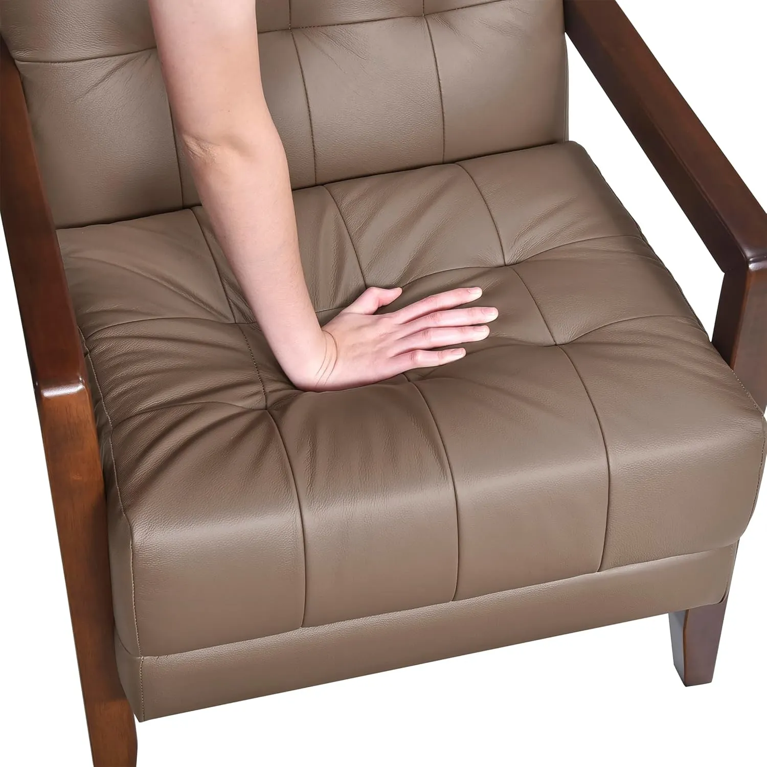 Lexicon Modern Accent Chair, Luxury Genuine Leather Living Room Chair with Tufted Cushions, Solid Wood Frame and Arm Rest, Comfy Upholstered Single Seat for Bedroom/Reading/Office, Brown