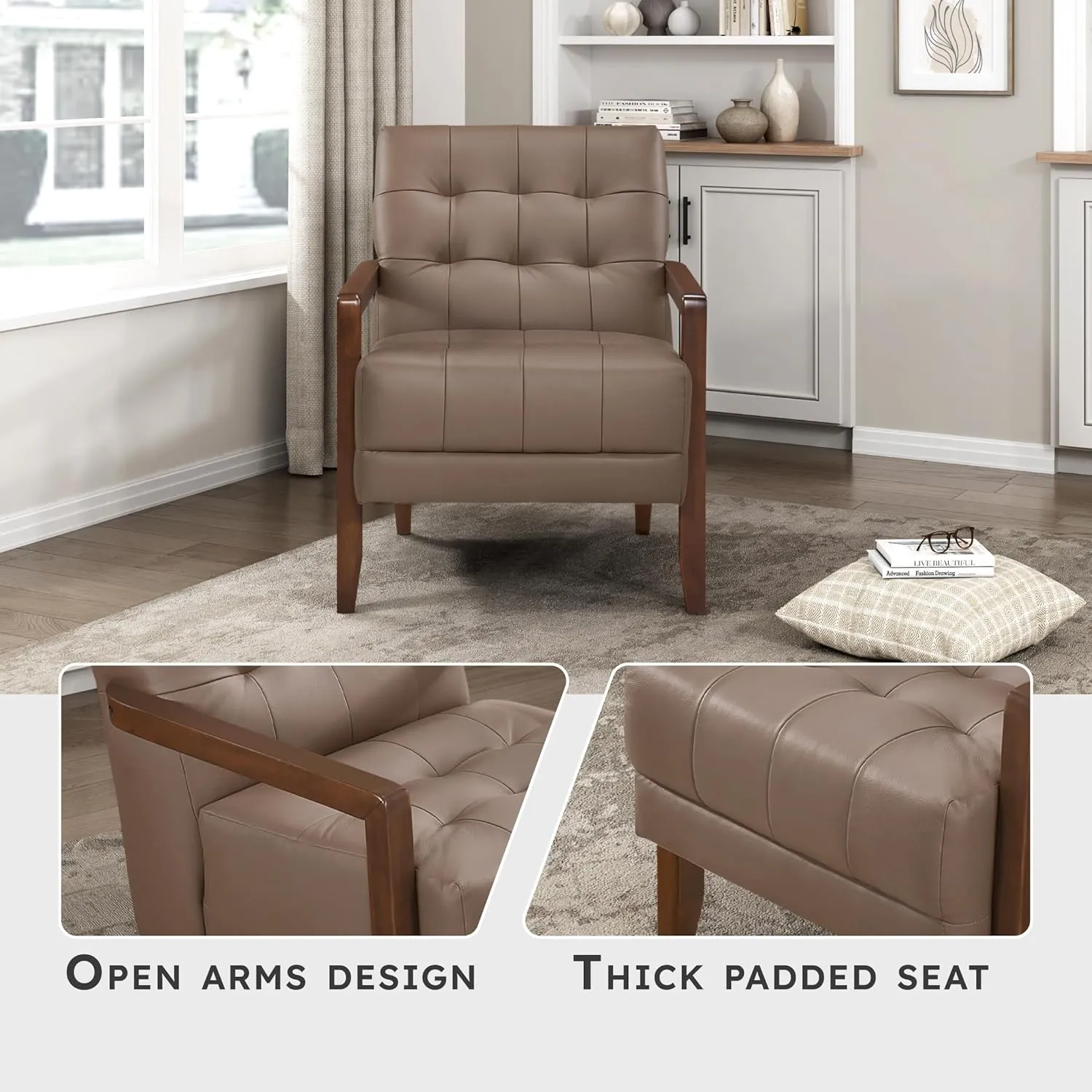 Lexicon Modern Accent Chair, Luxury Genuine Leather Living Room Chair with Tufted Cushions, Solid Wood Frame and Arm Rest, Comfy Upholstered Single Seat for Bedroom/Reading/Office, Brown