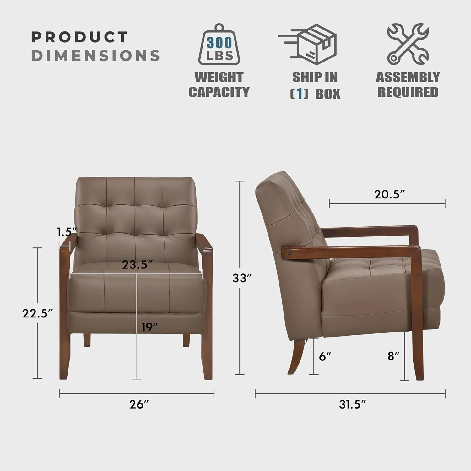 Lexicon Modern Accent Chair, Luxury Genuine Leather Living Room Chair with Tufted Cushions, Solid Wood Frame and Arm Rest, Comfy Upholstered Single Seat for Bedroom/Reading/Office, Brown