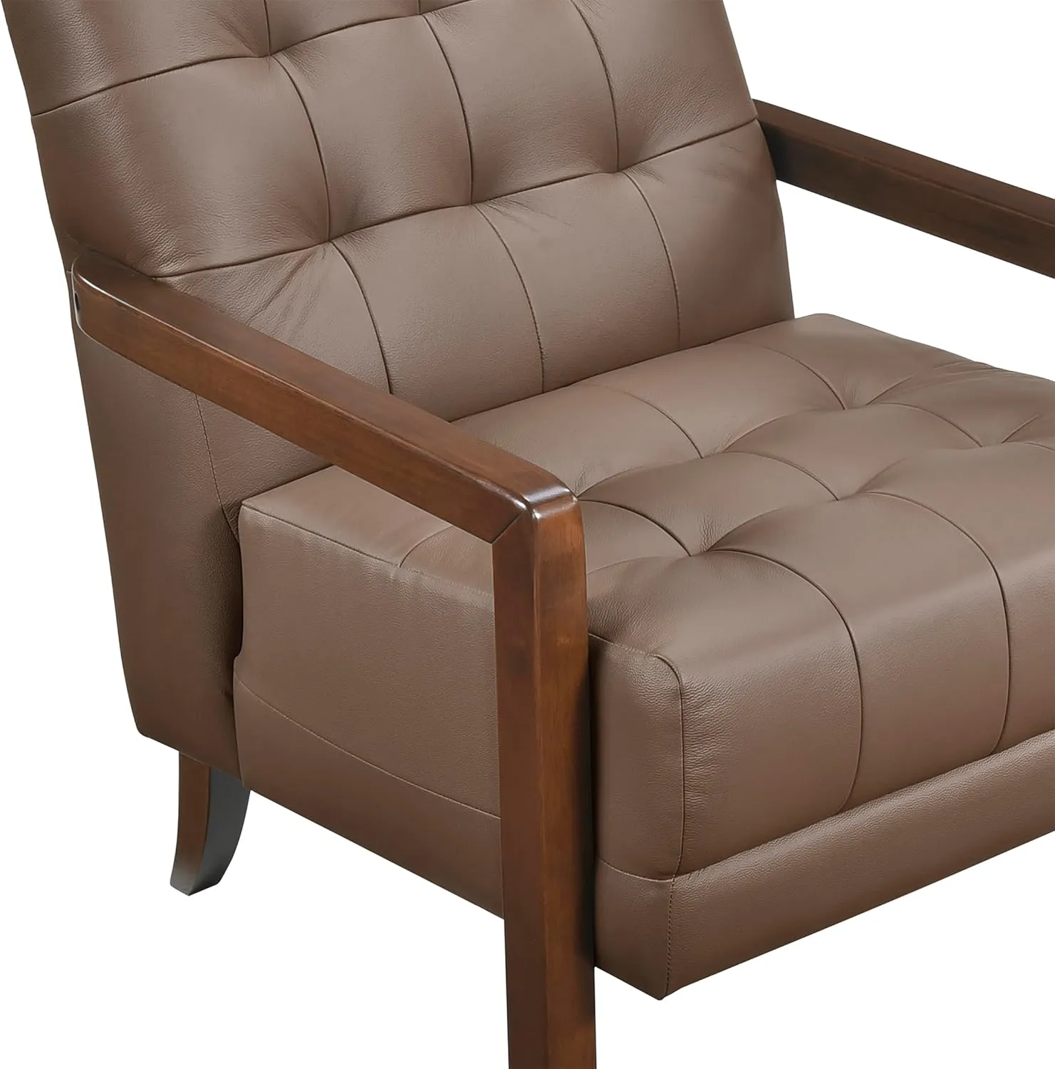 Lexicon Modern Accent Chair, Luxury Genuine Leather Living Room Chair with Tufted Cushions, Solid Wood Frame and Arm Rest, Comfy Upholstered Single Seat for Bedroom/Reading/Office, Brown