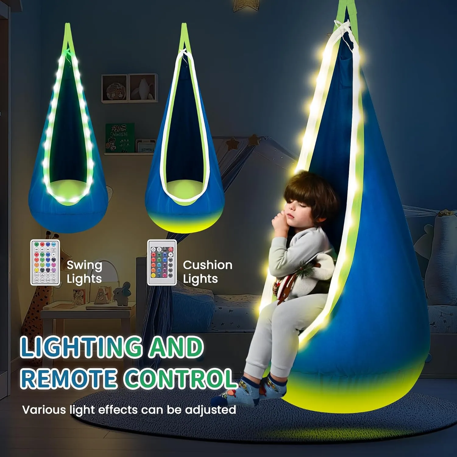 Light Up Pod Swing for Kids Offers Adjustable Effects, Sensory Swing Ideal for Indoor and Outdoor Use. Kids Hammock Easy to Install.(Blue)
