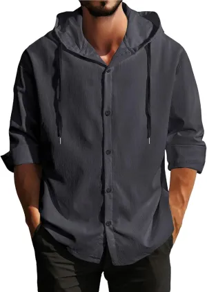 Lightweight Hooded Shirts for Men Roll Up Long Sleeve Casual Buttton Down Drawstring Hoodies Beach Yoga T Shirts