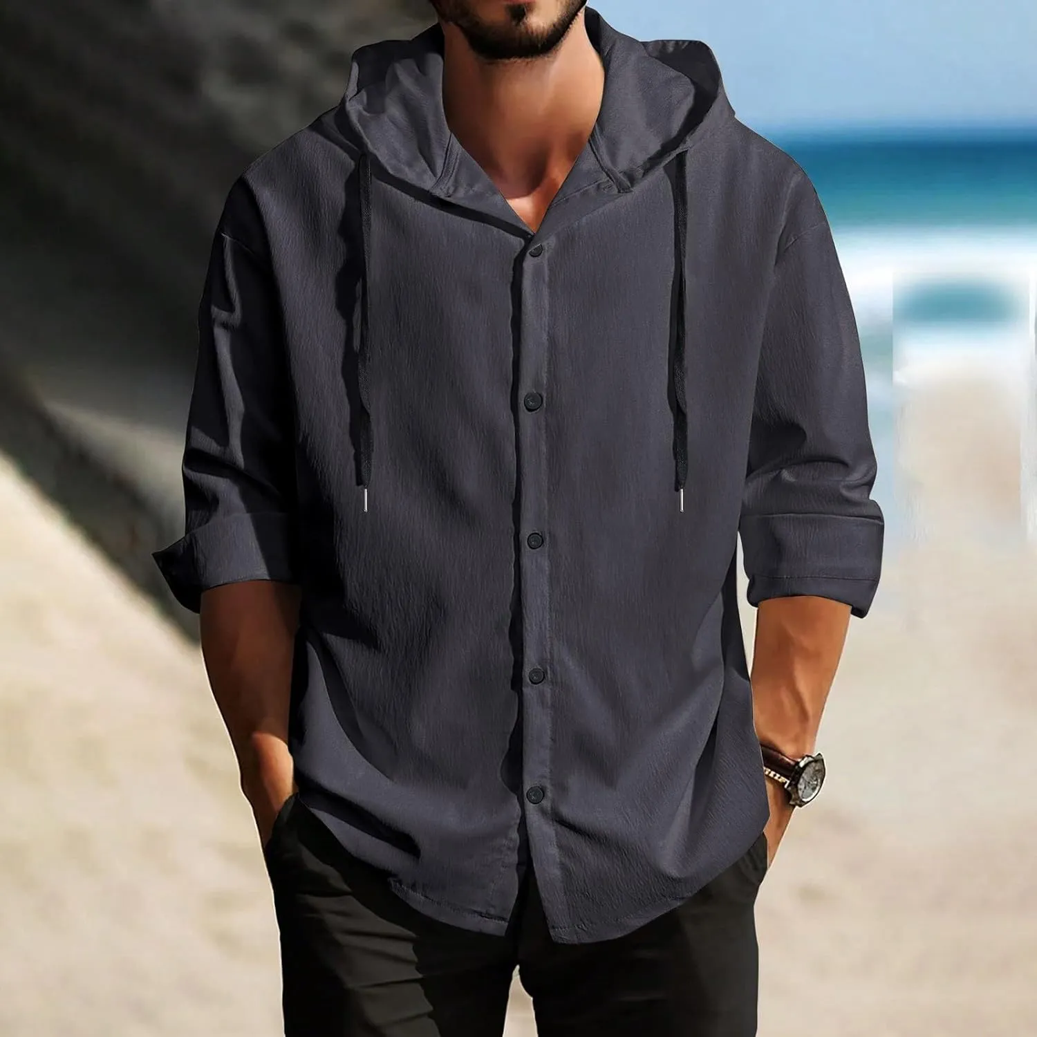 Lightweight Hooded Shirts for Men Roll Up Long Sleeve Casual Buttton Down Drawstring Hoodies Beach Yoga T Shirts