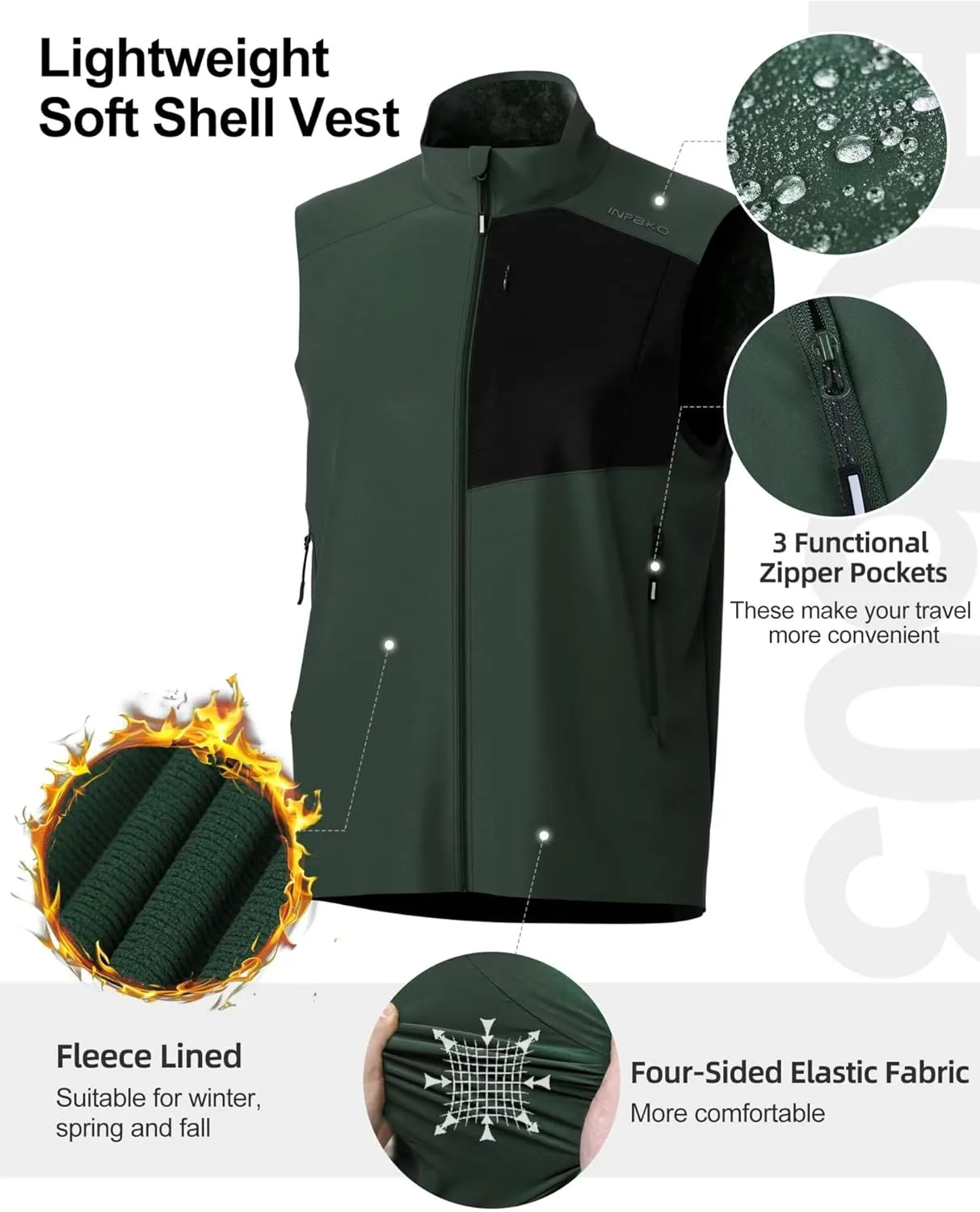 Lightweight Vest for Men, Elastic Softshell Golf Vests, Fleece Lined, Water resistent, Hiking, Cycling