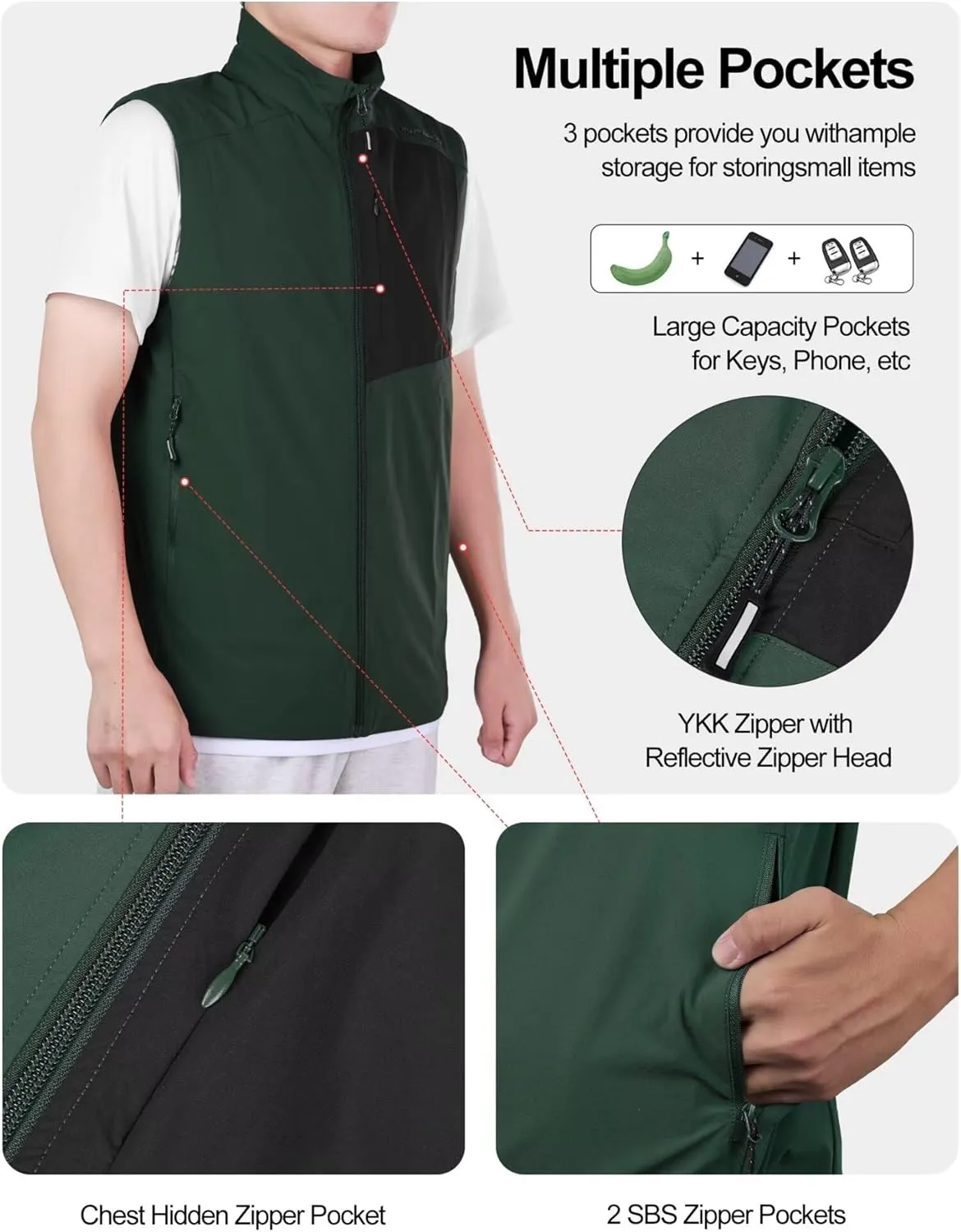 Lightweight Vest for Men, Elastic Softshell Golf Vests, Fleece Lined, Water resistent, Hiking, Cycling
