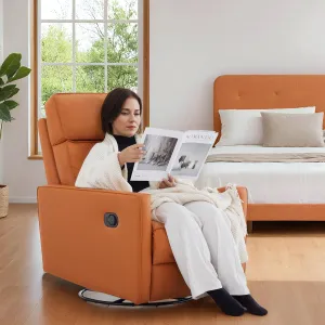 LIKIMIO Recliner Chair, 360° Swivel High-Back Faux Leather Rocking Chair with Upholstered Comfort, Single Sofa for Nursery, Living Room, Orange Brown