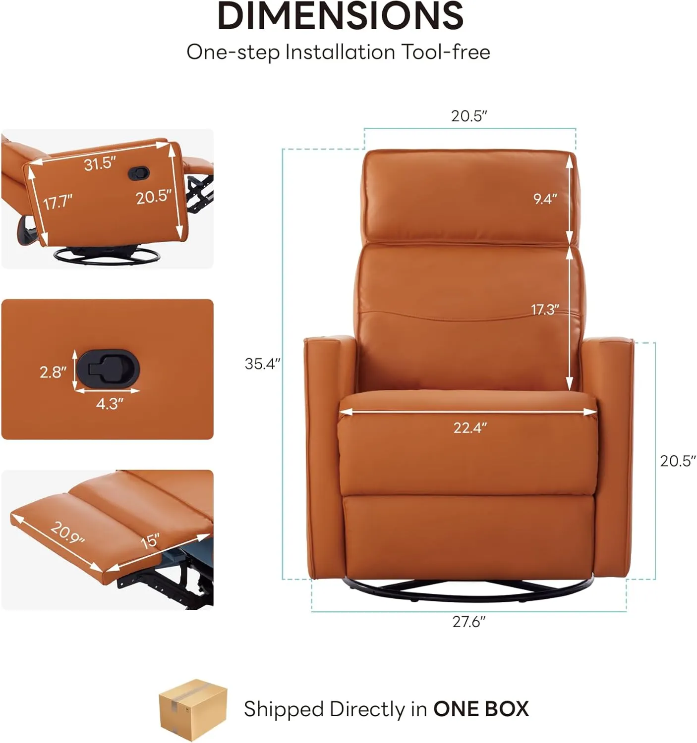 LIKIMIO Recliner Chair, 360° Swivel High-Back Faux Leather Rocking Chair with Upholstered Comfort, Single Sofa for Nursery, Living Room, Orange Brown