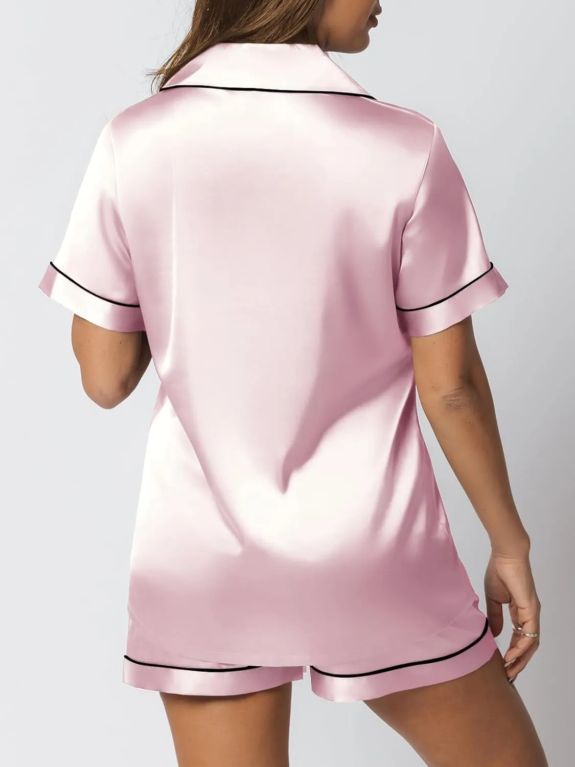 LILLUSORY Silk Satin Pajama Set for Women 2 Piece Lounge Pjs Shorts Matching Summer Sleepwear Button Down Shirt Shorts