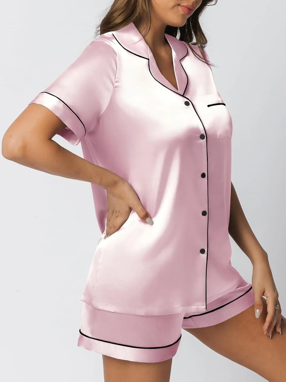LILLUSORY Silk Satin Pajama Set for Women 2 Piece Lounge Pjs Shorts Matching Summer Sleepwear Button Down Shirt Shorts