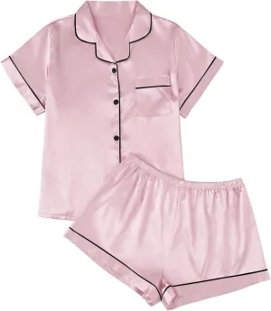 LILLUSORY Silk Satin Pajama Set for Women 2 Piece Lounge Pjs Shorts Matching Summer Sleepwear Button Down Shirt Shorts