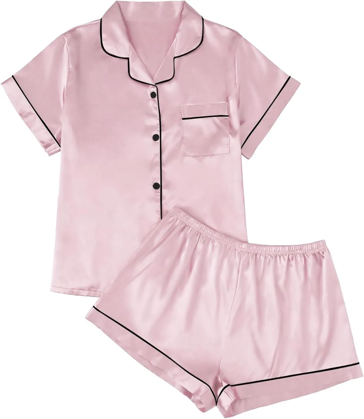 LILLUSORY Silk Satin Pajama Set for Women 2 Piece Lounge Pjs Shorts Matching Summer Sleepwear Button Down Shirt Shorts