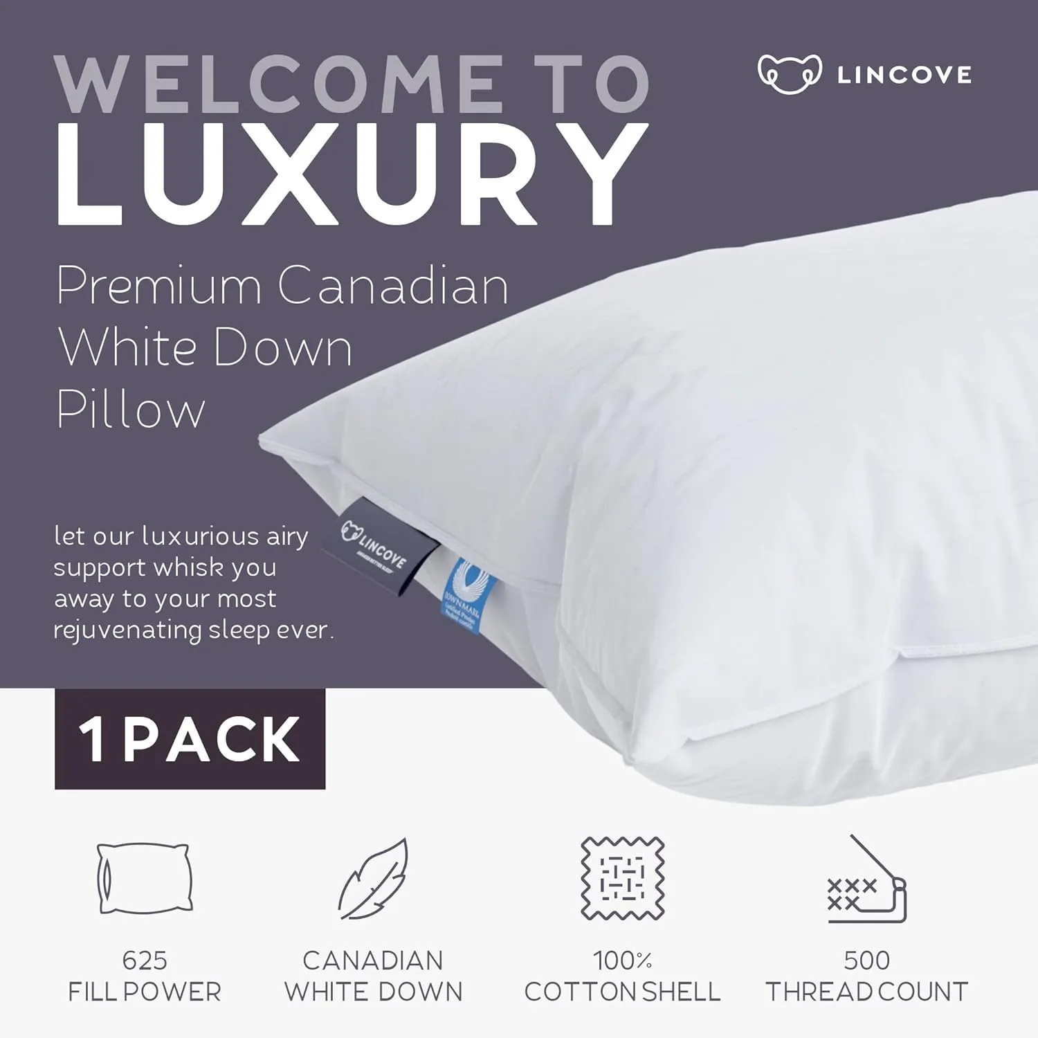 Lincove Cloud Natural Canadian Down Pillow, White Luxury Sleeping Pillow - 625 Fill Power, 500 Thread Count Cotton Shell, Made in Canada, Standard - Medium, 1 Pack