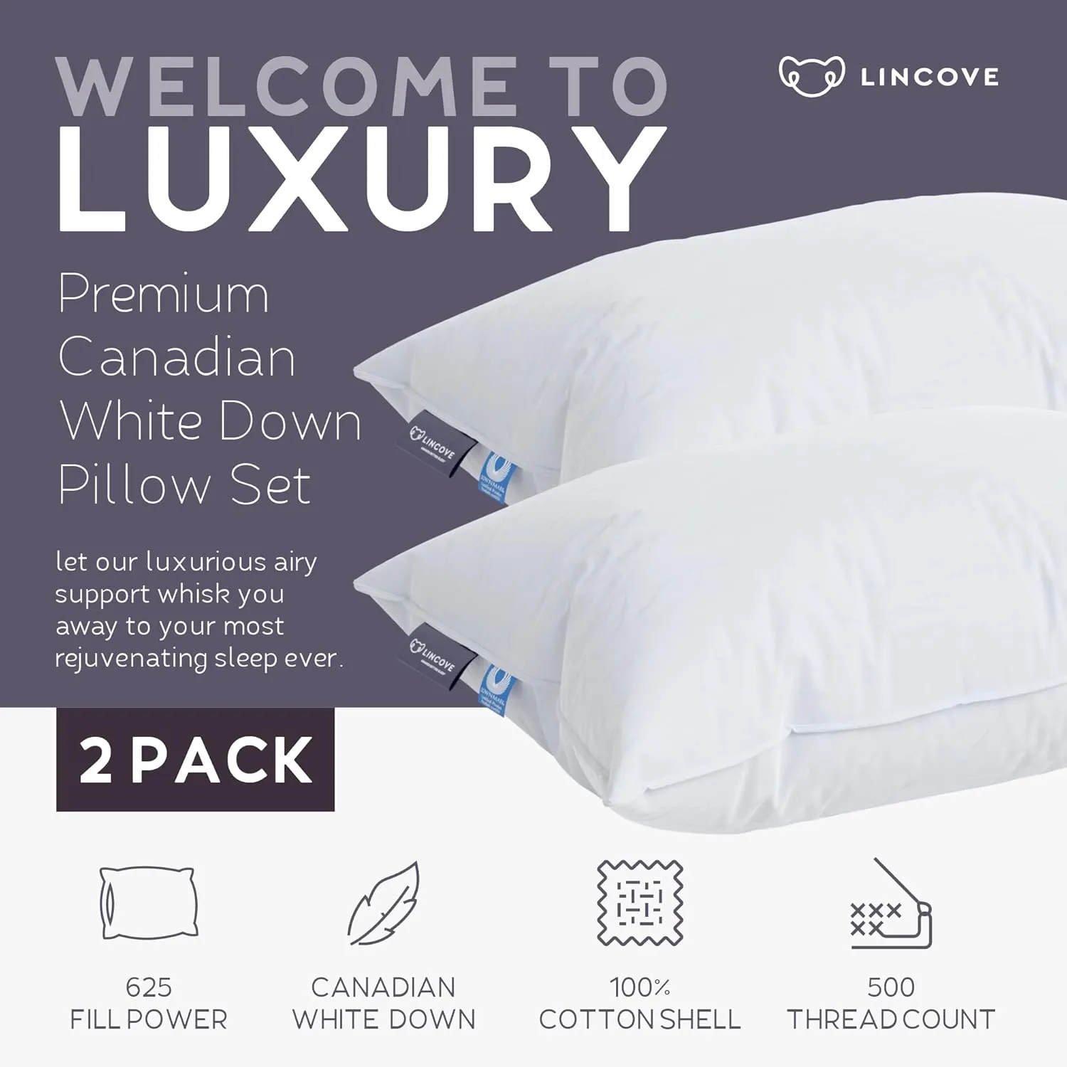 Lincove Cloud Natural Canadian Down Pillow, White Luxury Sleeping Pillow - 625 Fill Power, 500 Thread Count Cotton Shell, Made in Canada, Standard - Soft, 2 Pack