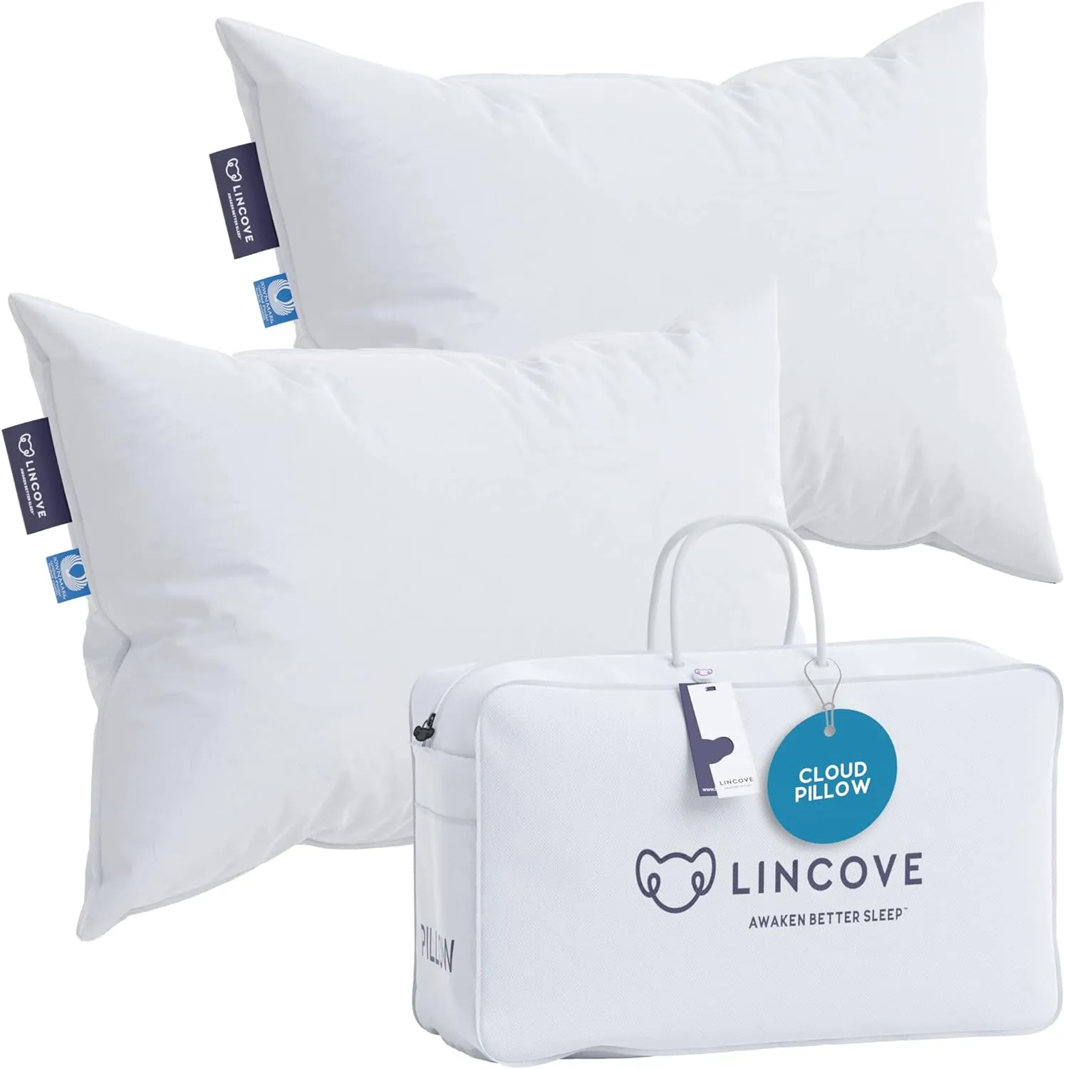 Lincove Cloud Natural Canadian Down Pillow, White Luxury Sleeping Pillow - 625 Fill Power, 500 Thread Count Cotton Shell, Made in Canada, Standard - Soft, 2 Pack