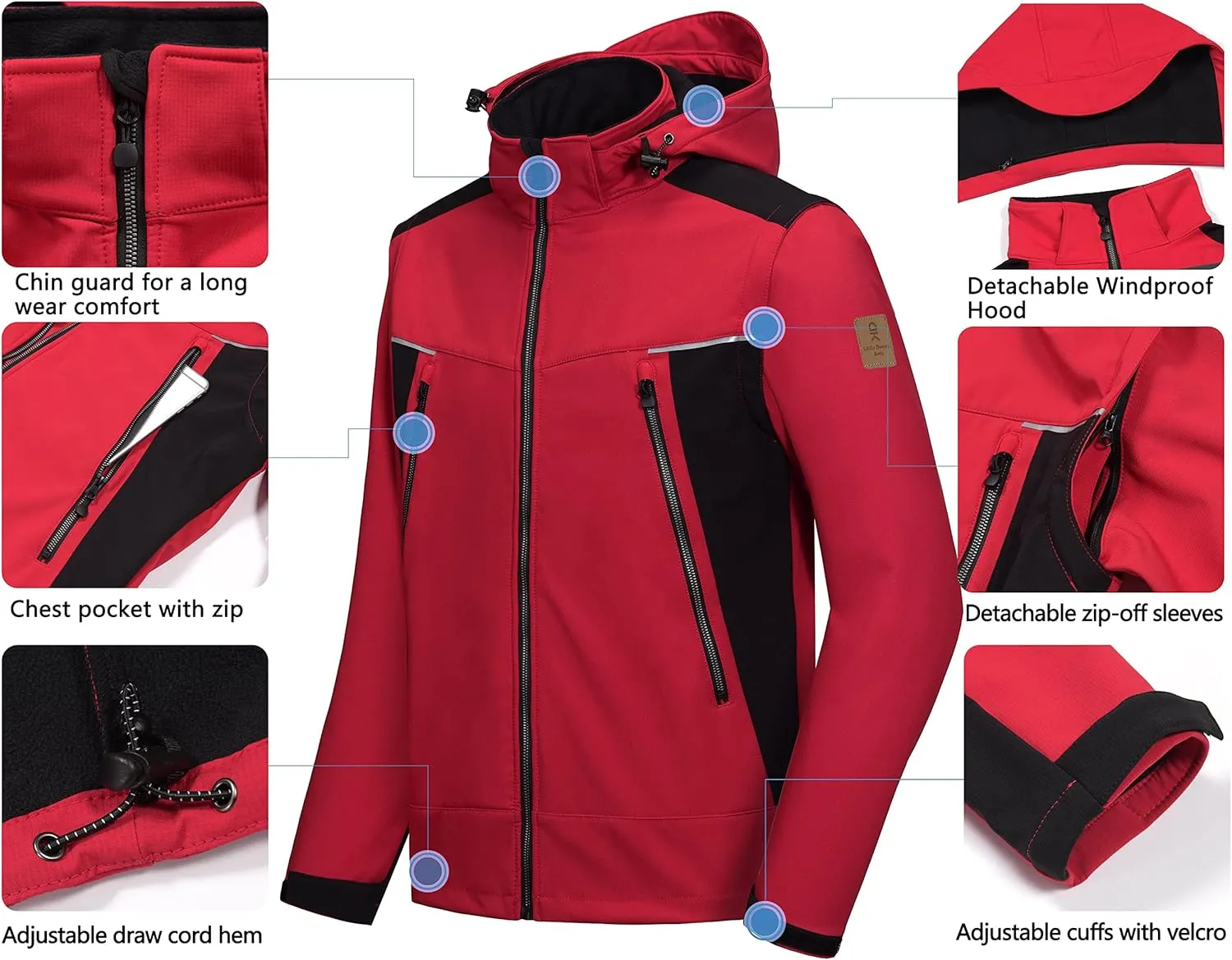 Little Donkey Andy Men's Waterproof Softshell Jacket with Detachable Sleeves and Hood, Fleece Mountain Ski Snow Rain Coat