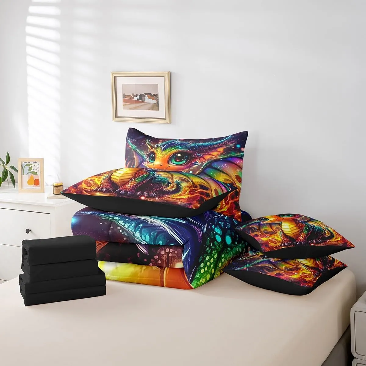 Little Dragon 7 Piece Comforter Set Full Bed in a Bag,Cartoon Pterosaur Sheet Set,Cute Jungle Animal Bedding Set,Prehistoric Wild Animals Bed Set Tropical Wildlife Reptile Kawaii Room Decor