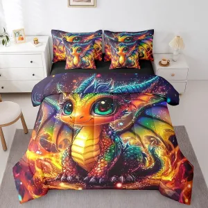 Little Dragon 7 Piece Comforter Set Full Bed in a Bag,Cartoon Pterosaur Sheet Set,Cute Jungle Animal Bedding Set,Prehistoric Wild Animals Bed Set Tropical Wildlife Reptile Kawaii Room Decor