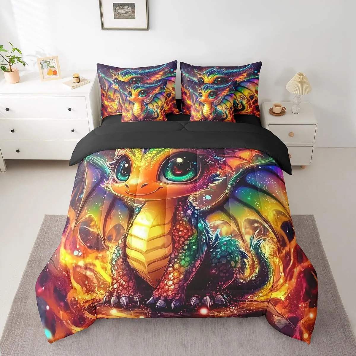 Little Dragon 7 Piece Comforter Set Full Bed in a Bag,Cartoon Pterosaur Sheet Set,Cute Jungle Animal Bedding Set,Prehistoric Wild Animals Bed Set Tropical Wildlife Reptile Kawaii Room Decor