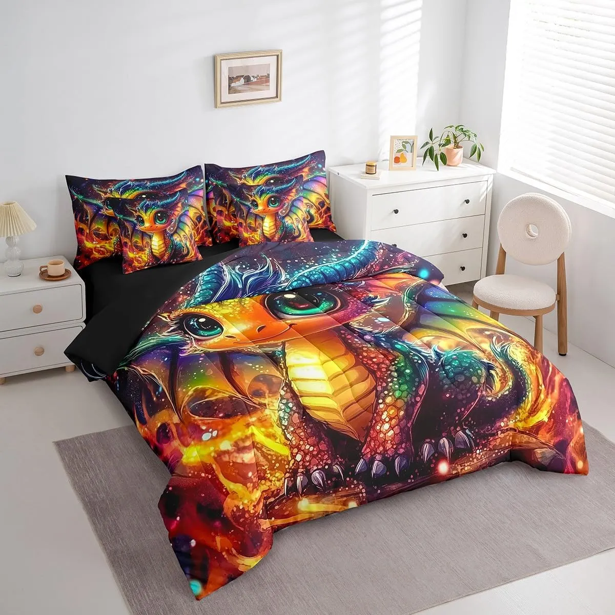 Little Dragon 7 Piece Comforter Set Full Bed in a Bag,Cartoon Pterosaur Sheet Set,Cute Jungle Animal Bedding Set,Prehistoric Wild Animals Bed Set Tropical Wildlife Reptile Kawaii Room Decor