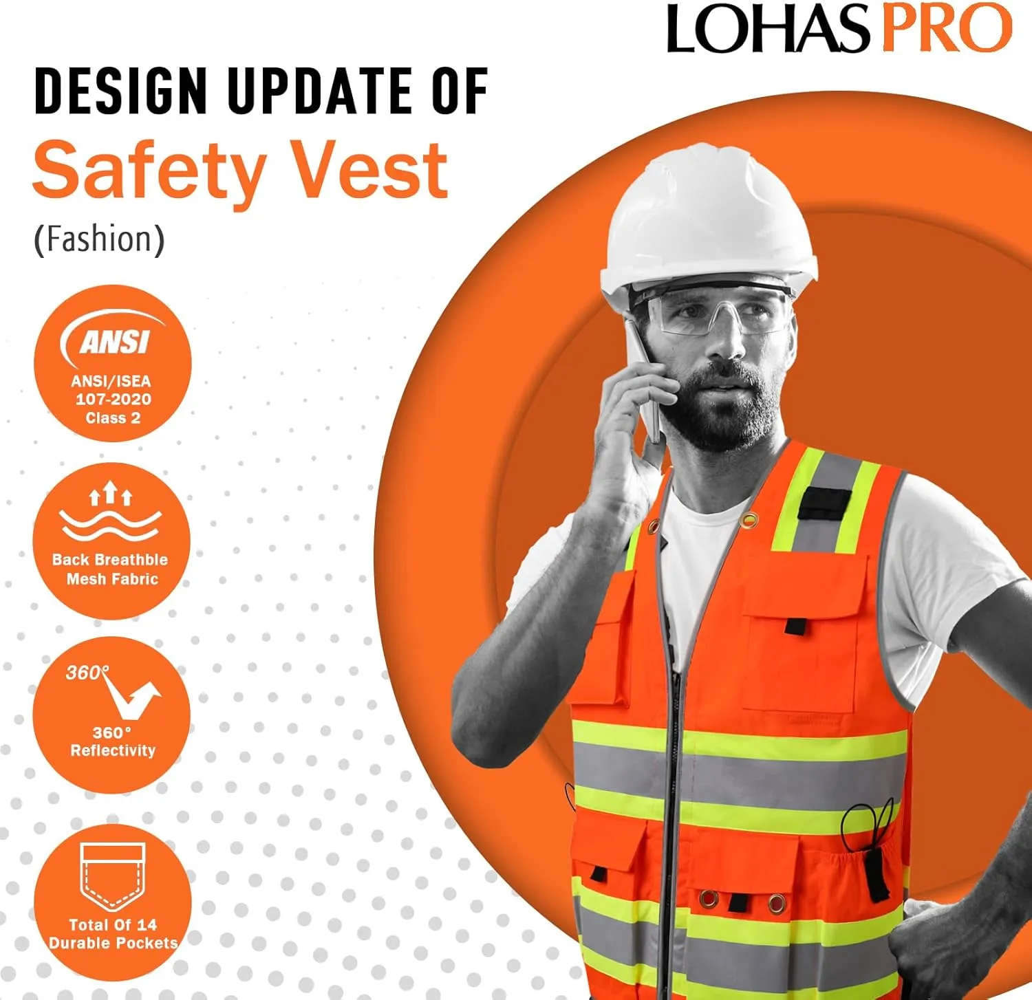LOHASPRO Surveyor Safety Vest Reflective for Men High Visibility Class 2 Heavy Duty Safety Vests with Pockets and Zipper