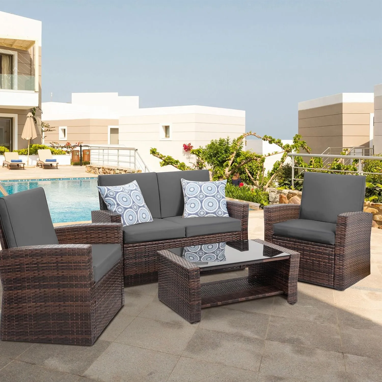 LOKHOM Outdoor Chair Cushions Set of 2，19" x 19" x 4" Waterproof Outdoor Seat Cushions for Patio Furniture, Soft Square Corner Sofa Outdoor Cushions with Handle & Adjustable Straps(Grey)