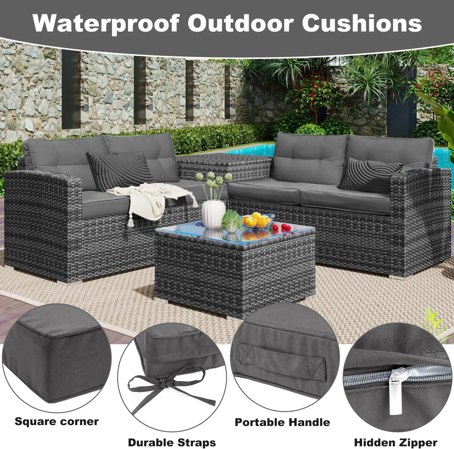 LOKHOM Outdoor Chair Cushions Set of 2，19" x 19" x 4" Waterproof Outdoor Seat Cushions for Patio Furniture, Soft Square Corner Sofa Outdoor Cushions with Handle & Adjustable Straps(Grey)