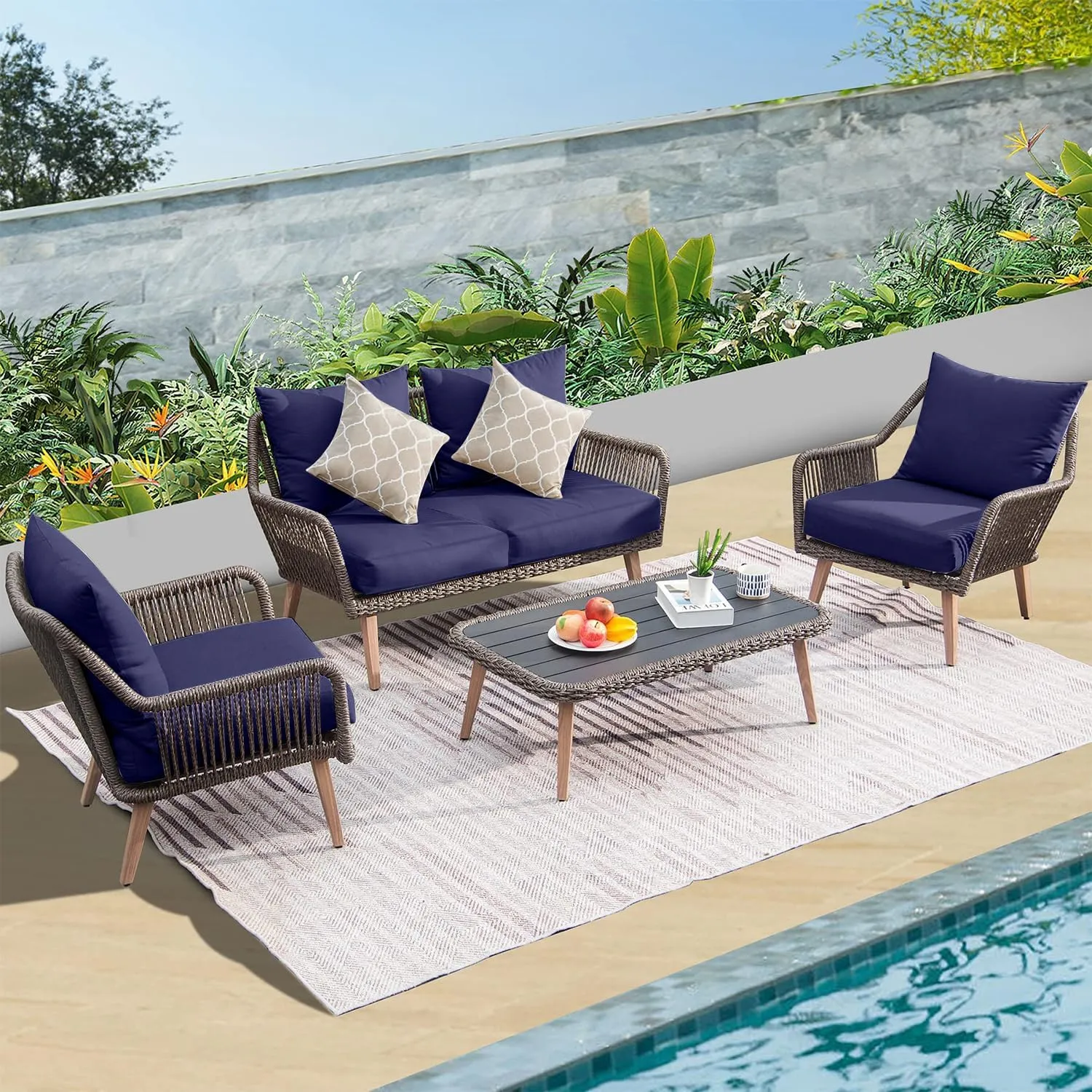 LOKHOM Outdoor Chair Cushions Set of 2，19" x 19" x 4" Waterproof Outdoor Seat Cushions for Patio Furniture, Soft Square Corner Sofa Outdoor Cushions with Handle & Adjustable Straps(Navy Blue)