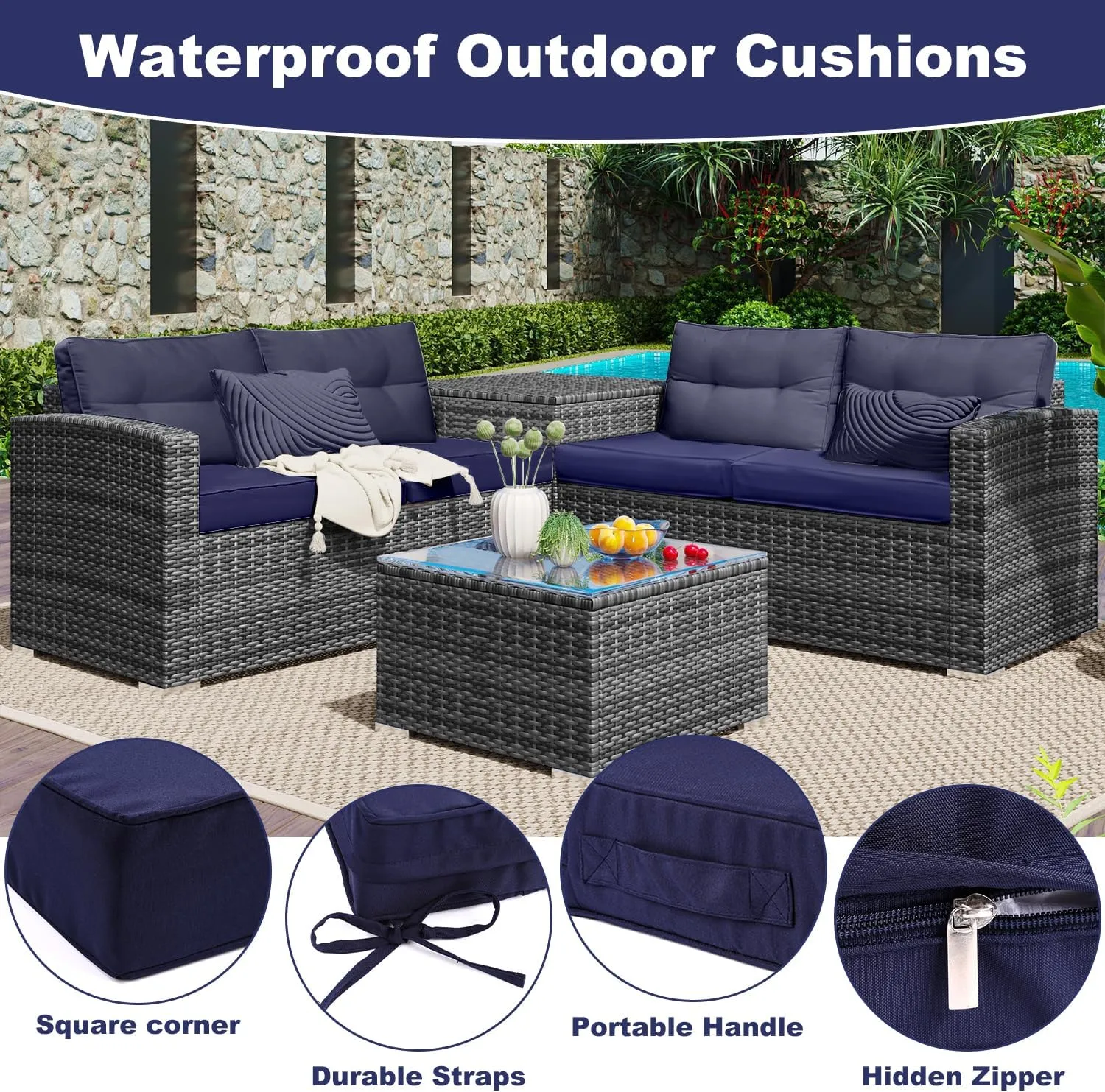 LOKHOM Outdoor Chair Cushions Set of 2，19" x 19" x 4" Waterproof Outdoor Seat Cushions for Patio Furniture, Soft Square Corner Sofa Outdoor Cushions with Handle & Adjustable Straps(Navy Blue)