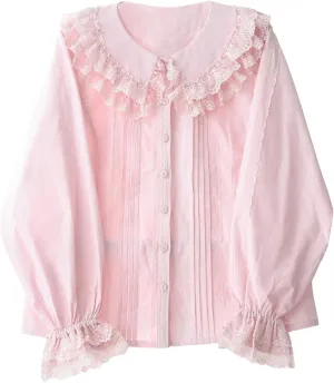 Lolita Long Sleeve Blouses Women Peter Pan Collar Victorian Shirt Vintage Lace Dressy Frilly Tops Trendy Spring