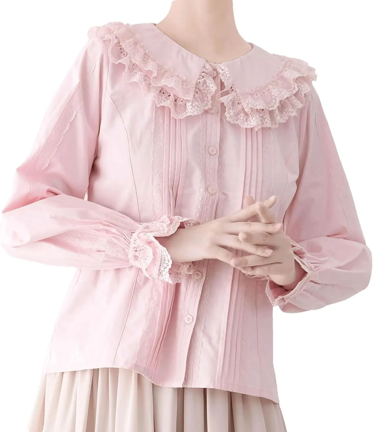Lolita Long Sleeve Blouses Women Peter Pan Collar Victorian Shirt Vintage Lace Dressy Frilly Tops Trendy Spring